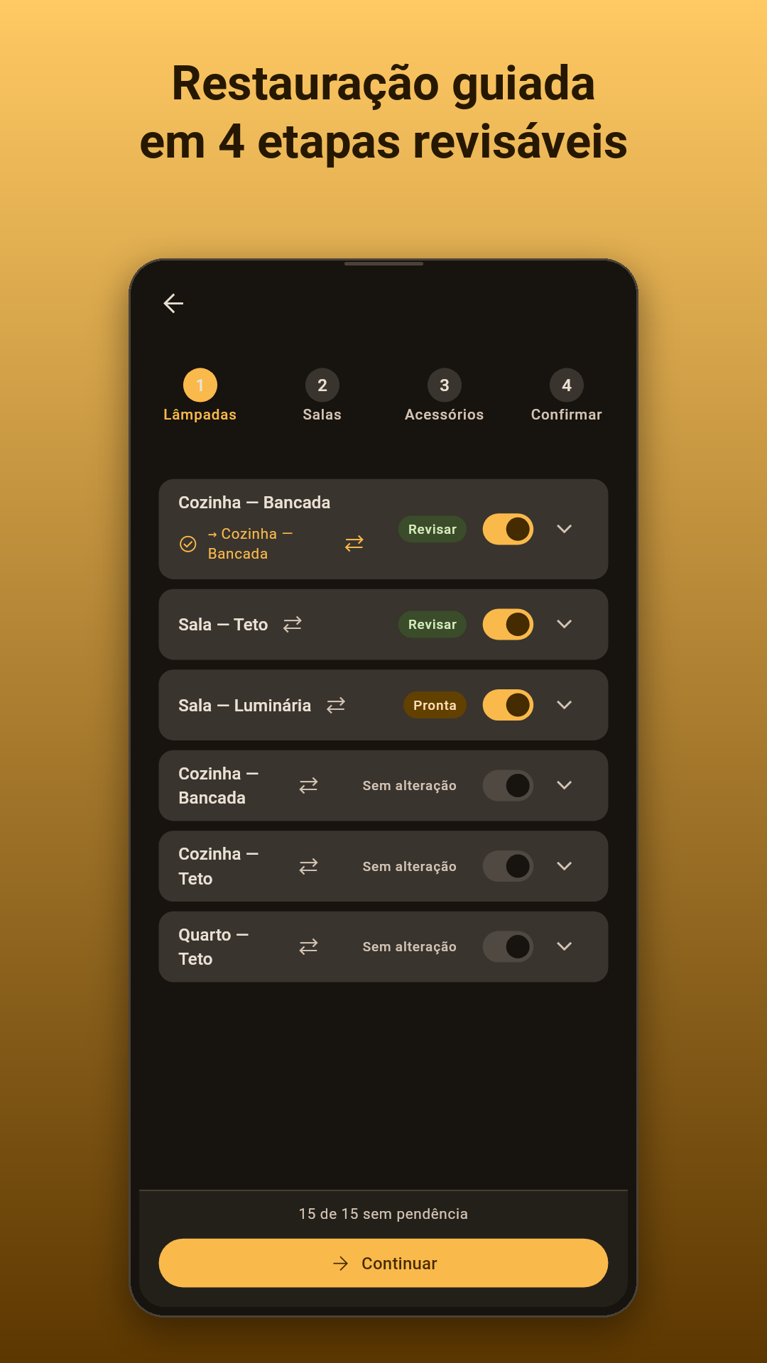 Restauração guiada em 4 etapas revisáveis